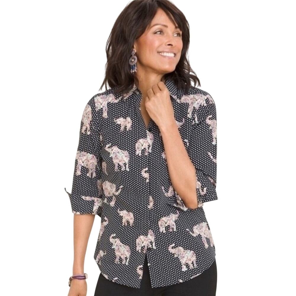 Chico's Black Button-Front Top with Pink Elephant & White Polka Dots size 2 12/1